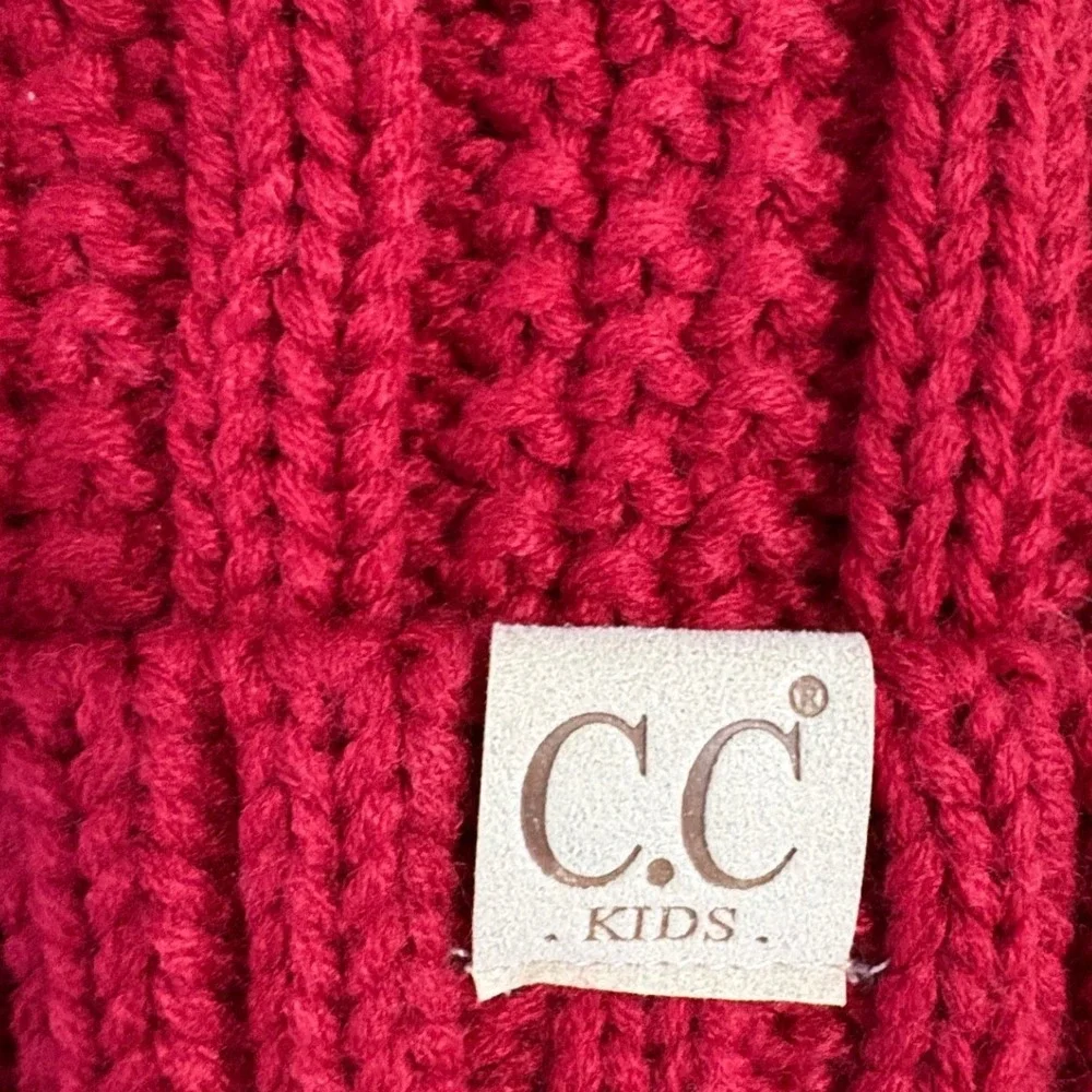 CC Kids Red Cable Knit Beanie Faux Fur Pom‎ Pom Winter Hat YJ-820 NEW